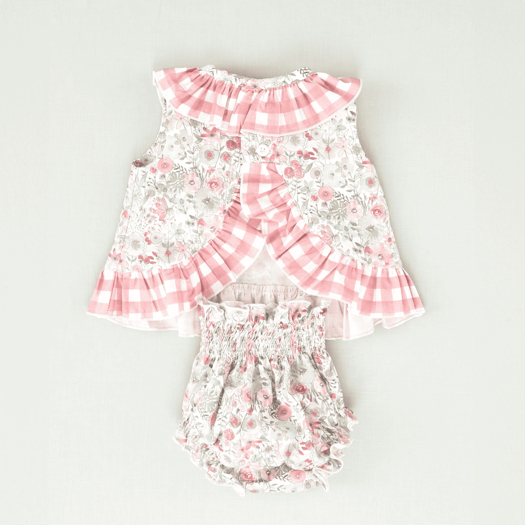 Conjunto vestido y braguita de bebé niña flores y cuadros vichy