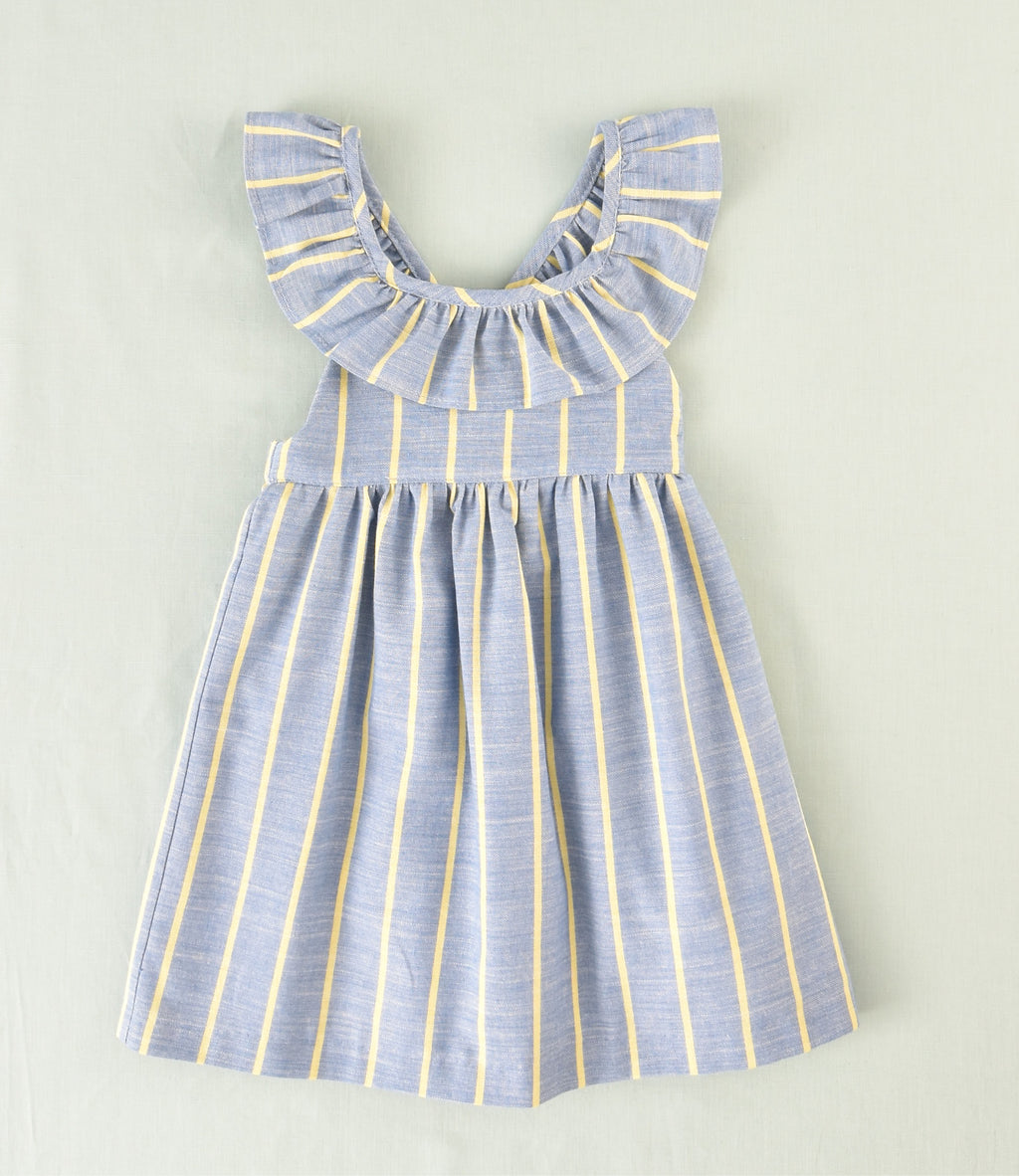 Vestido azul rayas amarillas con volante | Cocote & Charanga