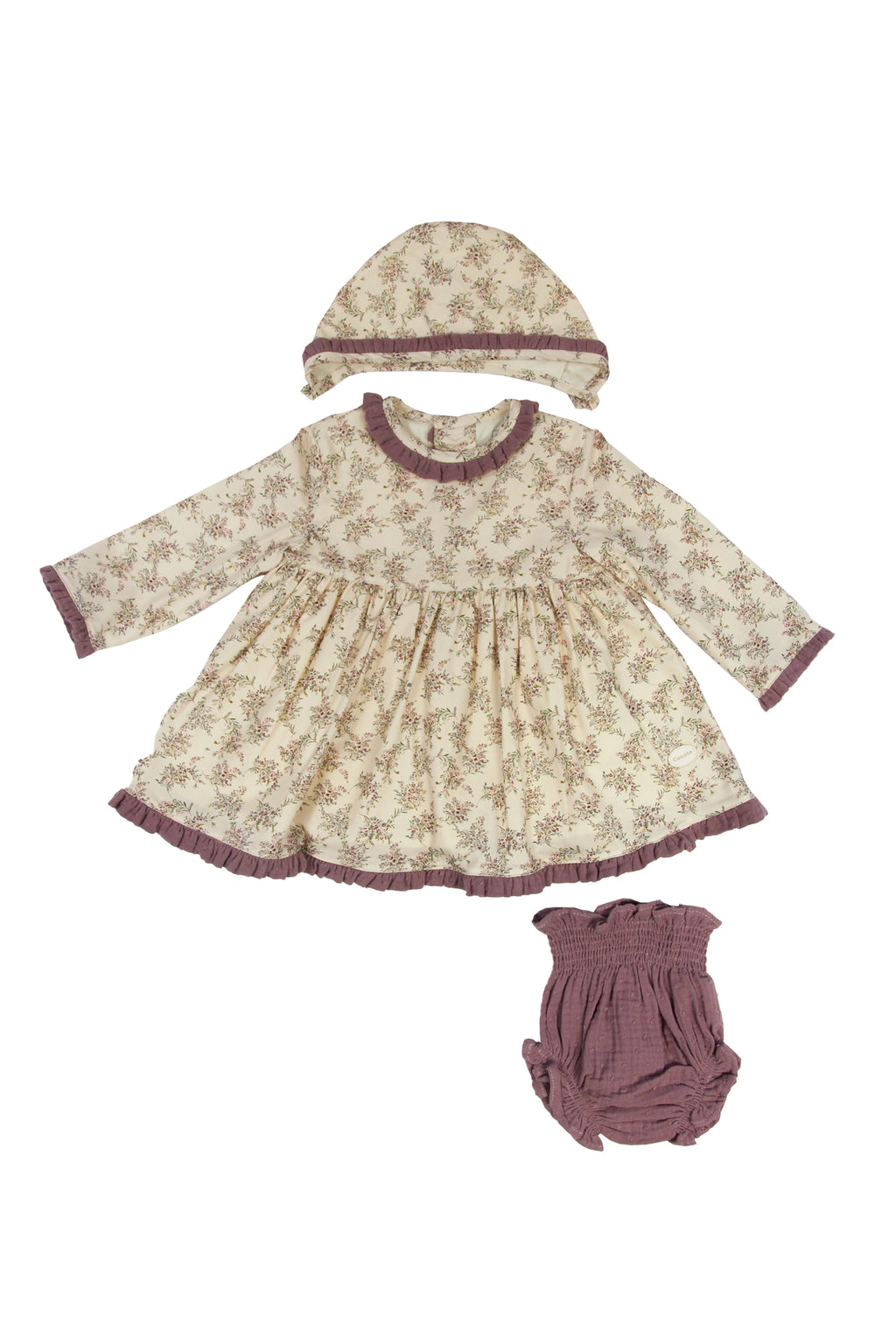 Conjunto vestido. braguita y capota de bebé flores malva Cocote & Charanga