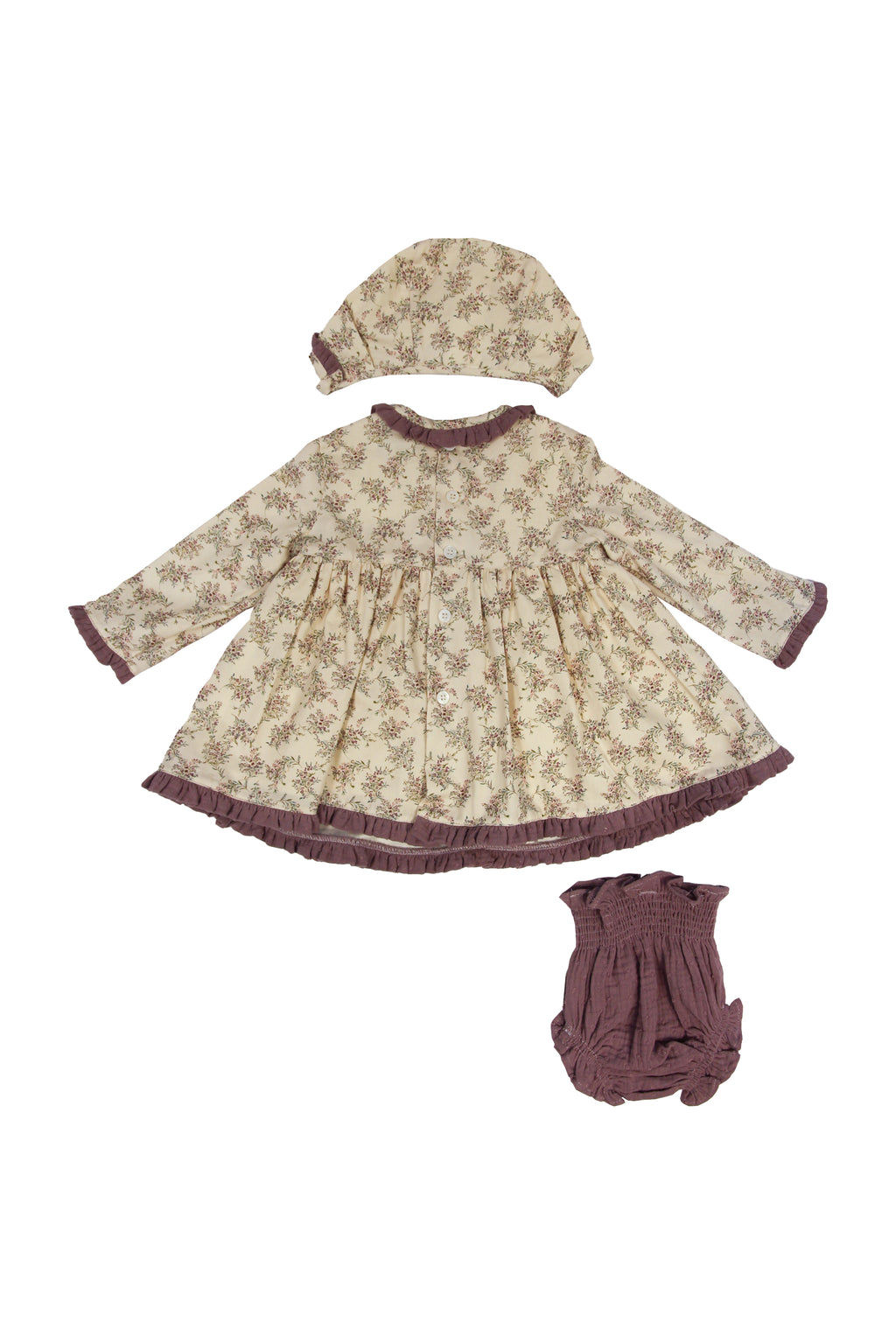 Conjunto vestido. braguita y capota de bebé flores malva Cocote & Charanga