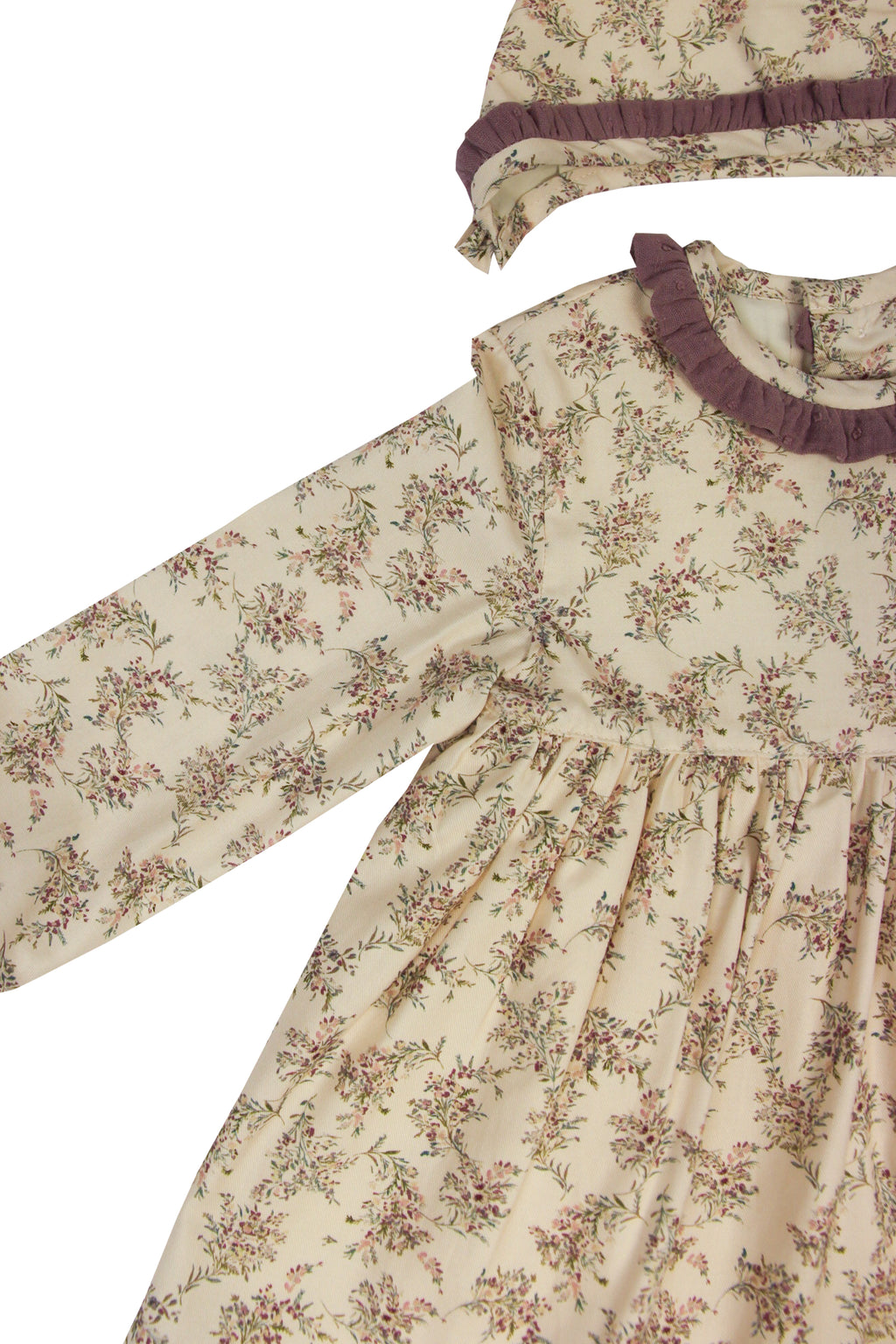 Conjunto vestido. braguita y capota de bebé flores malva Cocote & Charanga