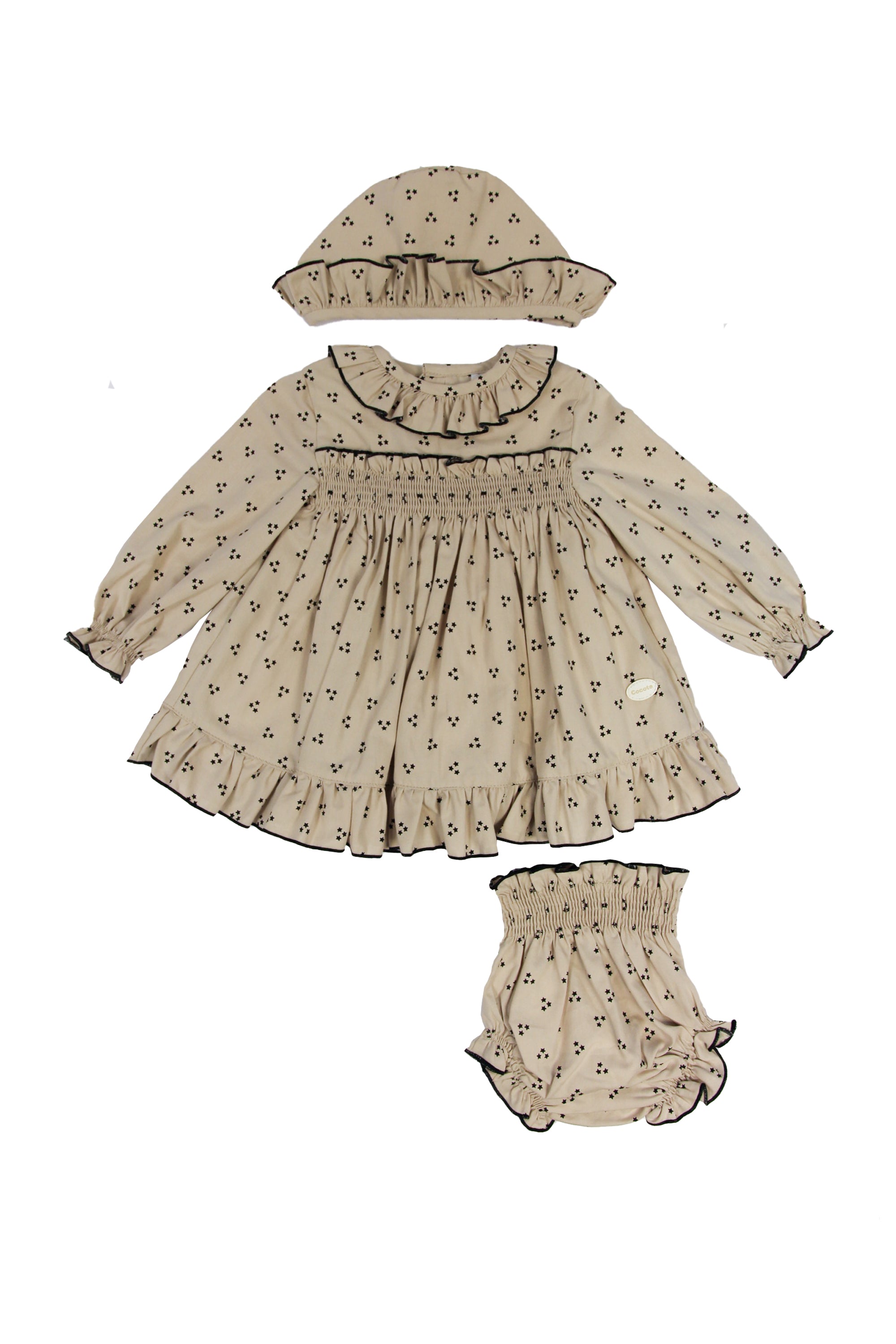 Conjunto vestido. braguita y capota de bebé Beige Estrellitas Cocote & Charanga