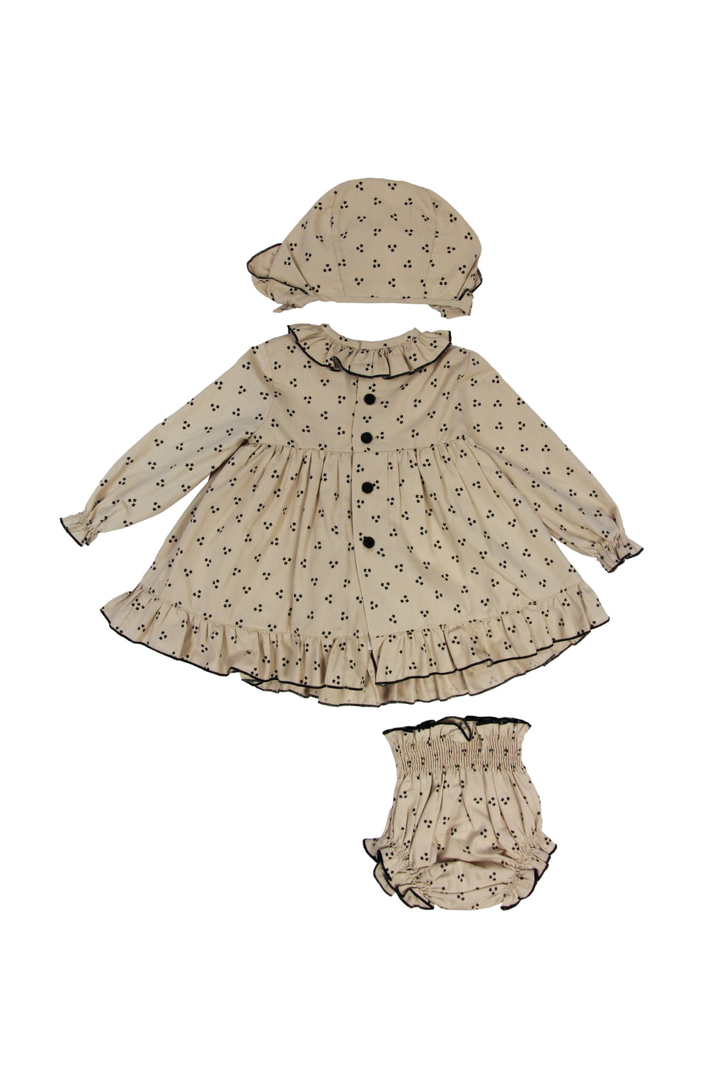 Conjunto vestido. braguita y capota de bebé Beige Estrellitas Cocote & Charanga