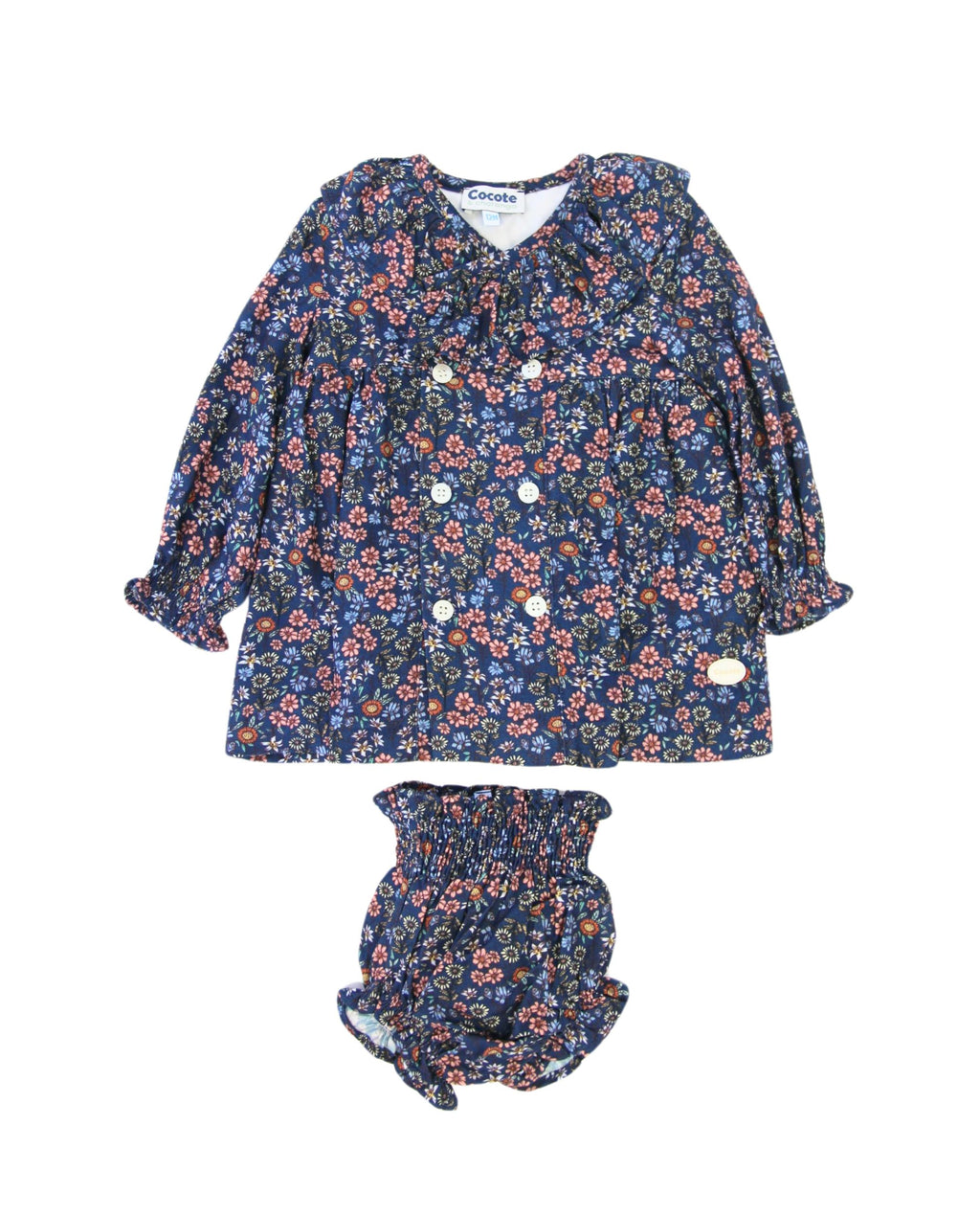 Conjunto vestido y braguita de bebé flores azul marino Cocote & Charanga