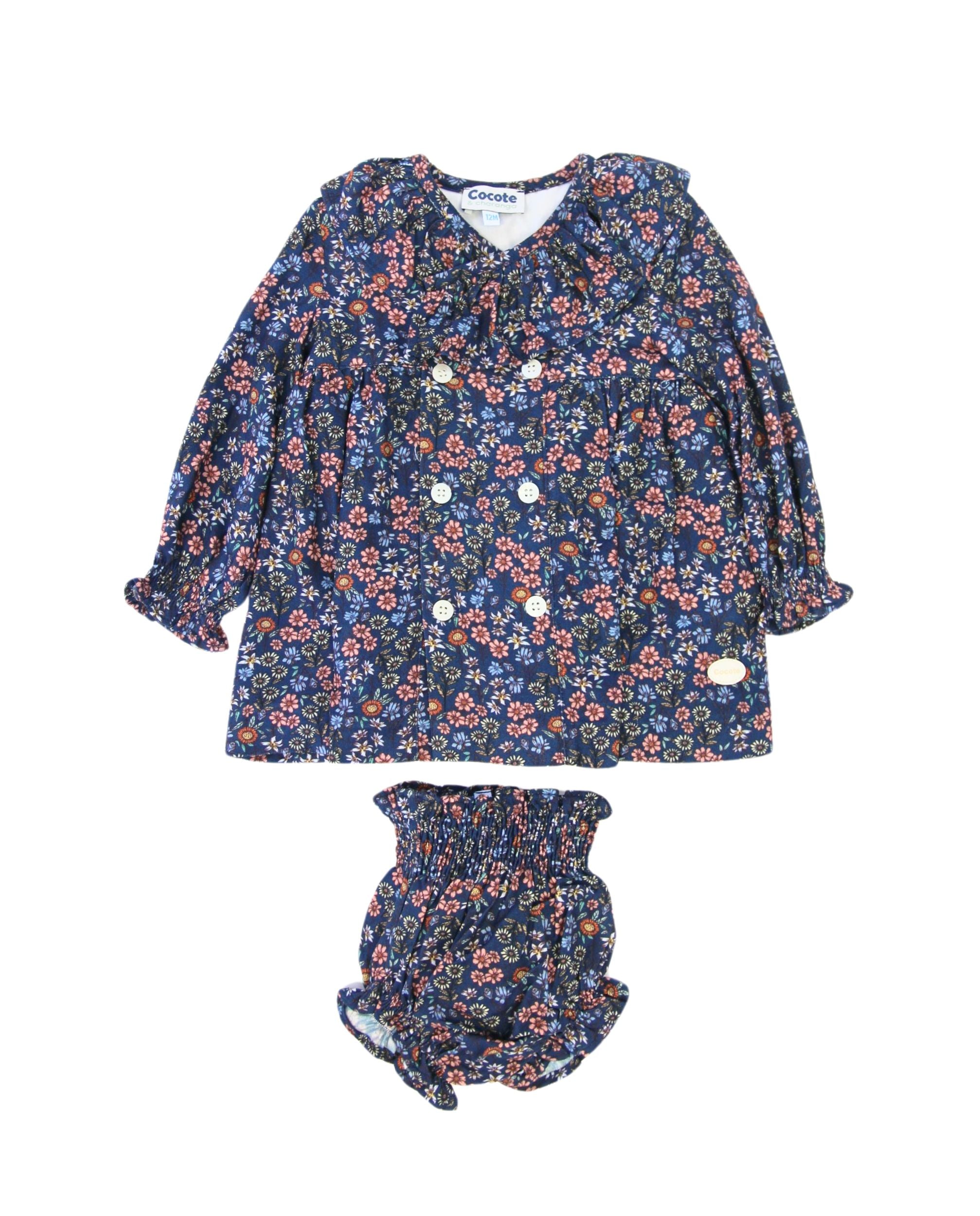 Conjunto vestido y braguita de bebé flores azul marino Cocote & Charanga