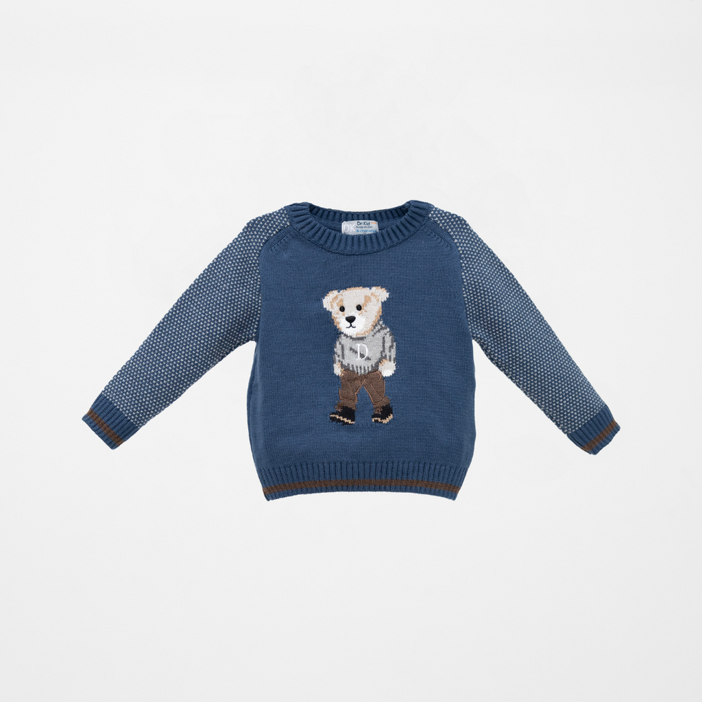 Jersey azul manga larga para bebé con osito bordado vista frontal fondo blanco Charanga