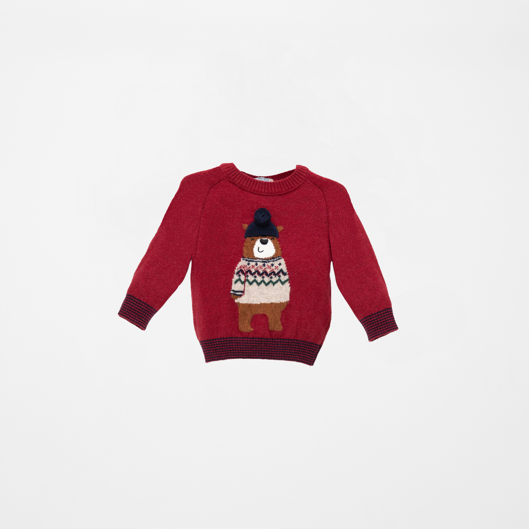 Jersey rojo de punto para bebé con oso bordado vista frontal fondo blanco Charanga