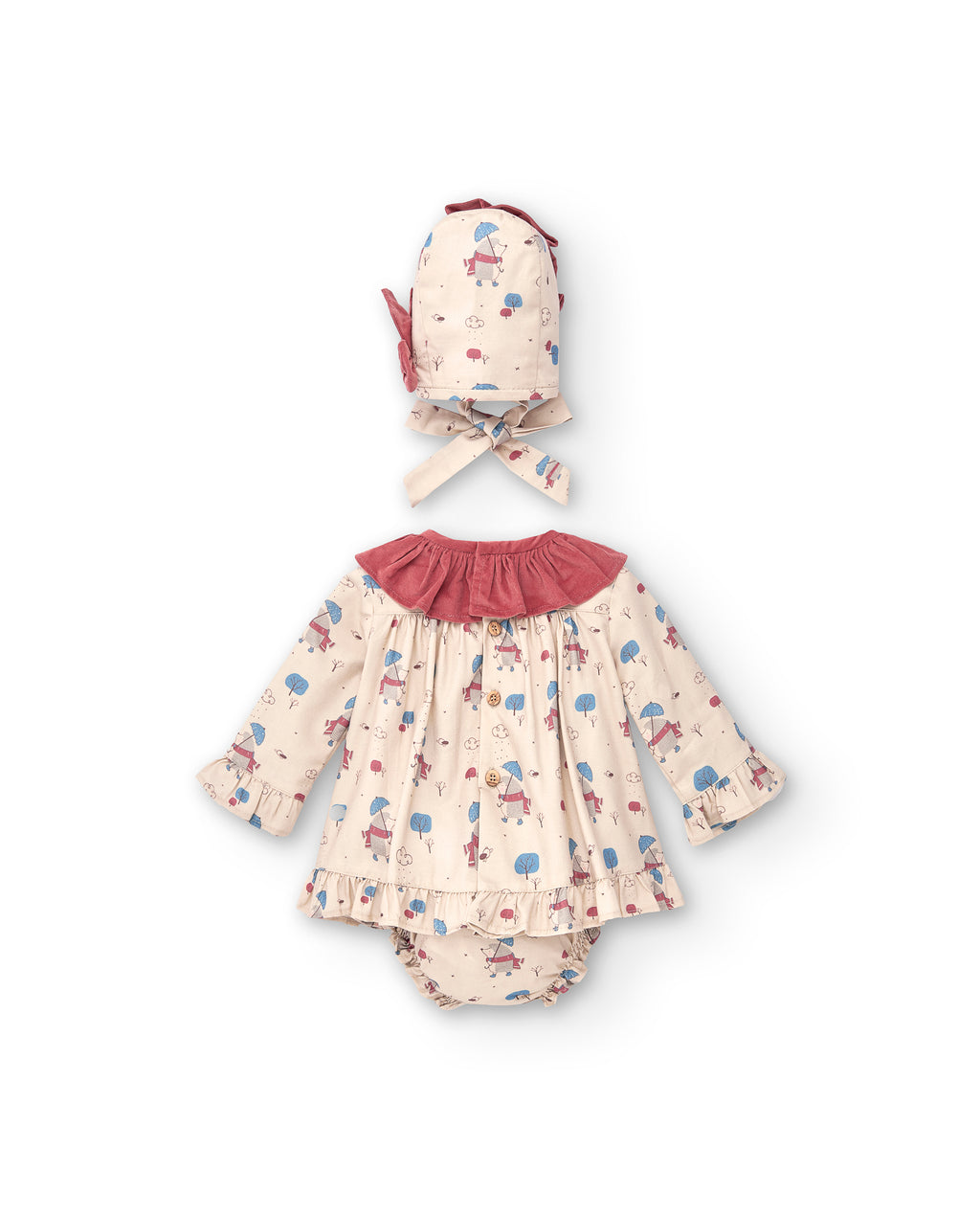 Conjunto vestido. braguita y capota de bebé naranja rojizo | Cocote & Charanga