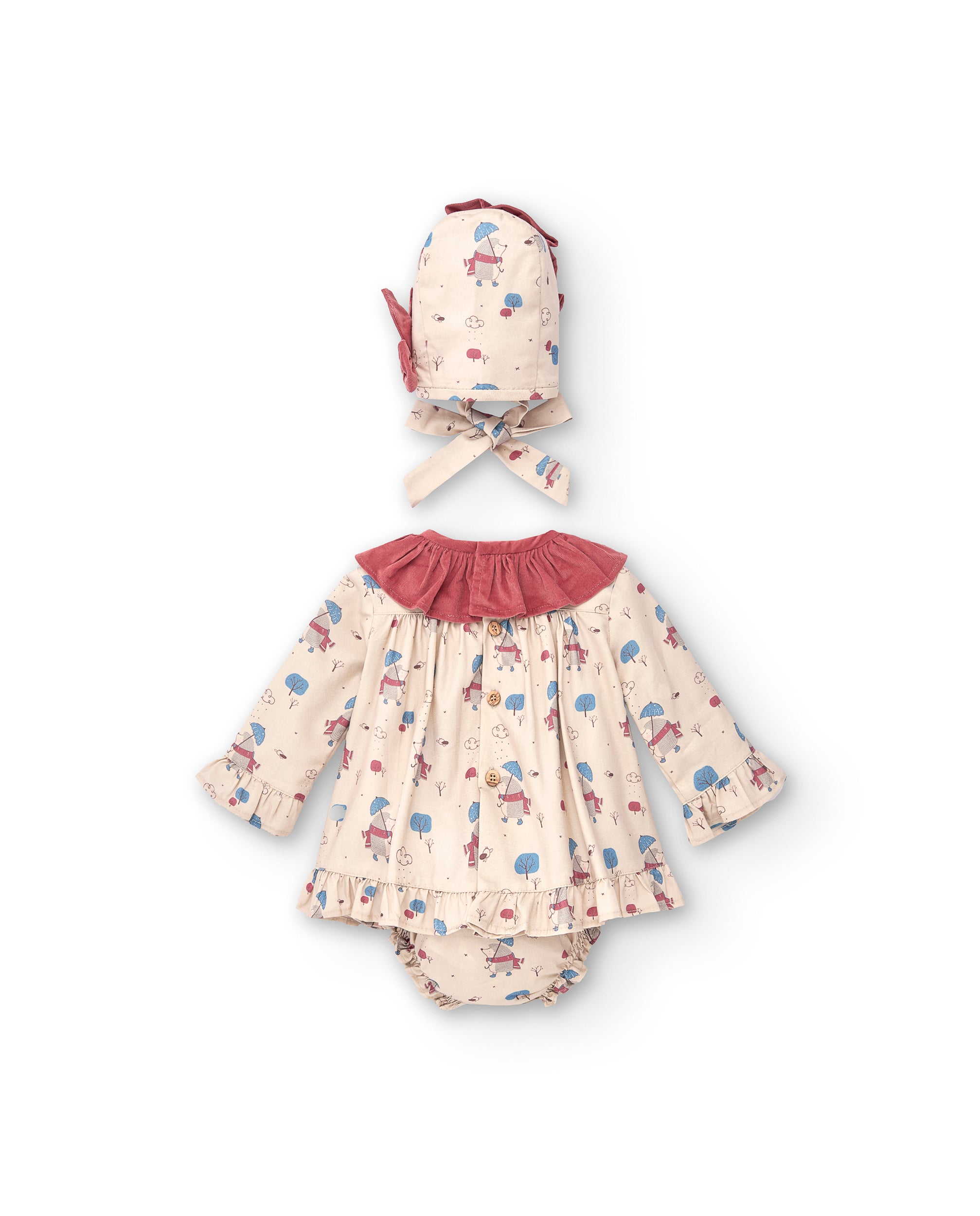 Conjunto vestido. braguita y capota de bebé naranja rojizo | Cocote & Charanga