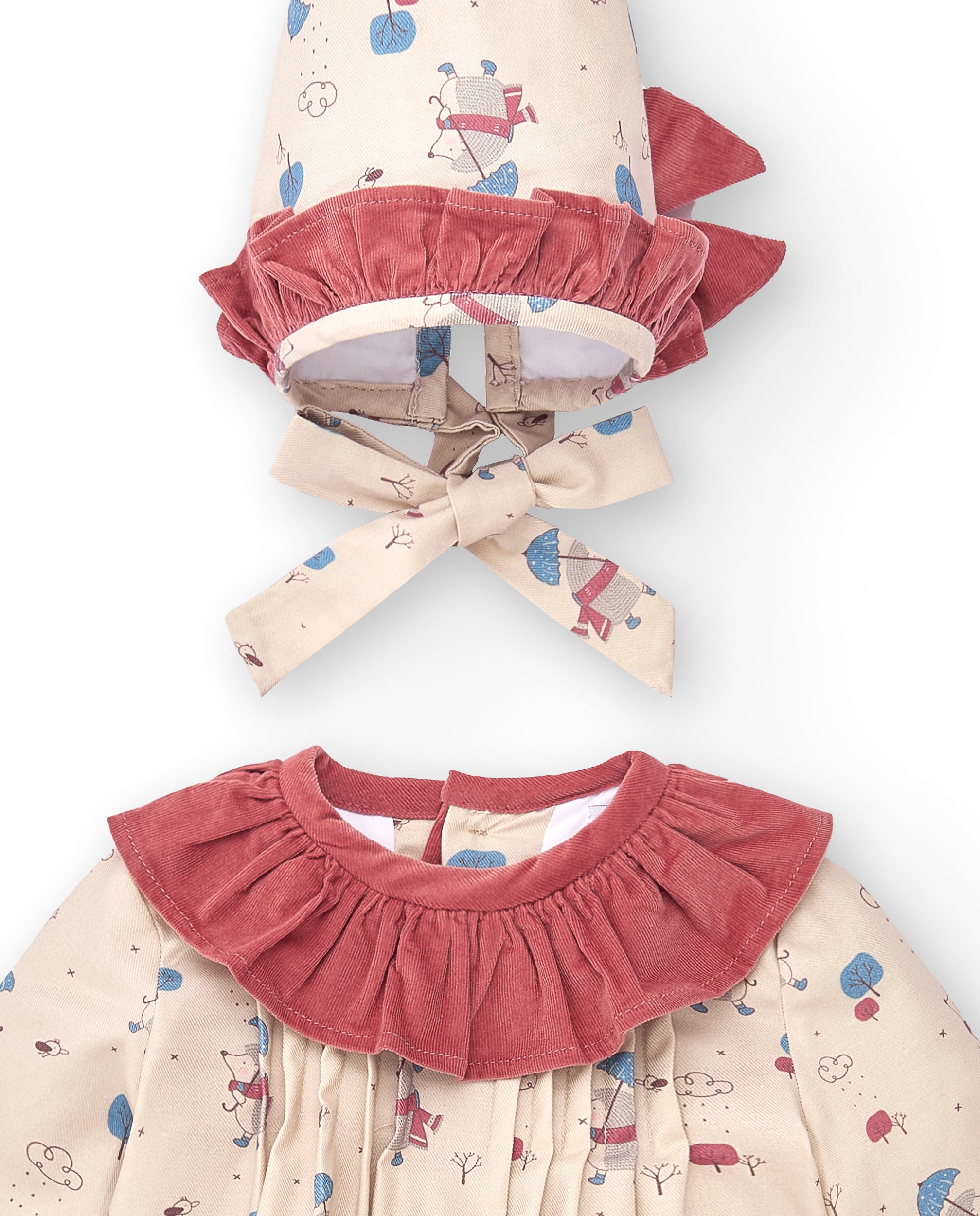 Conjunto vestido. braguita y capota de bebé naranja rojizo | Cocote & Charanga