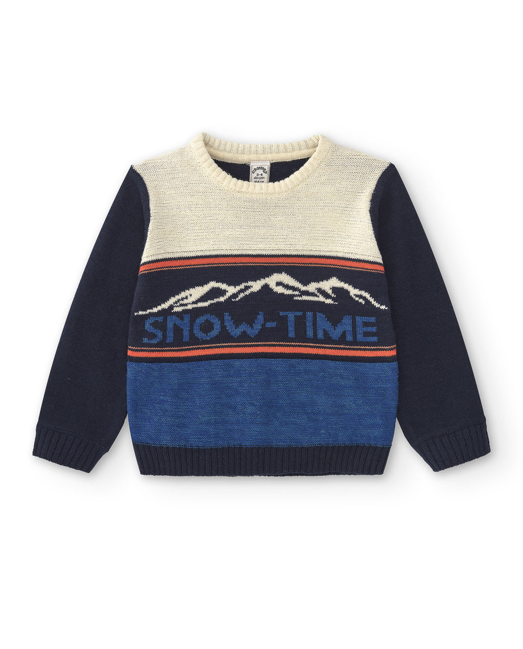 Jersey azul SNOW-TIME para niño con estampado montañas vista frontal fondo blanco Charanga