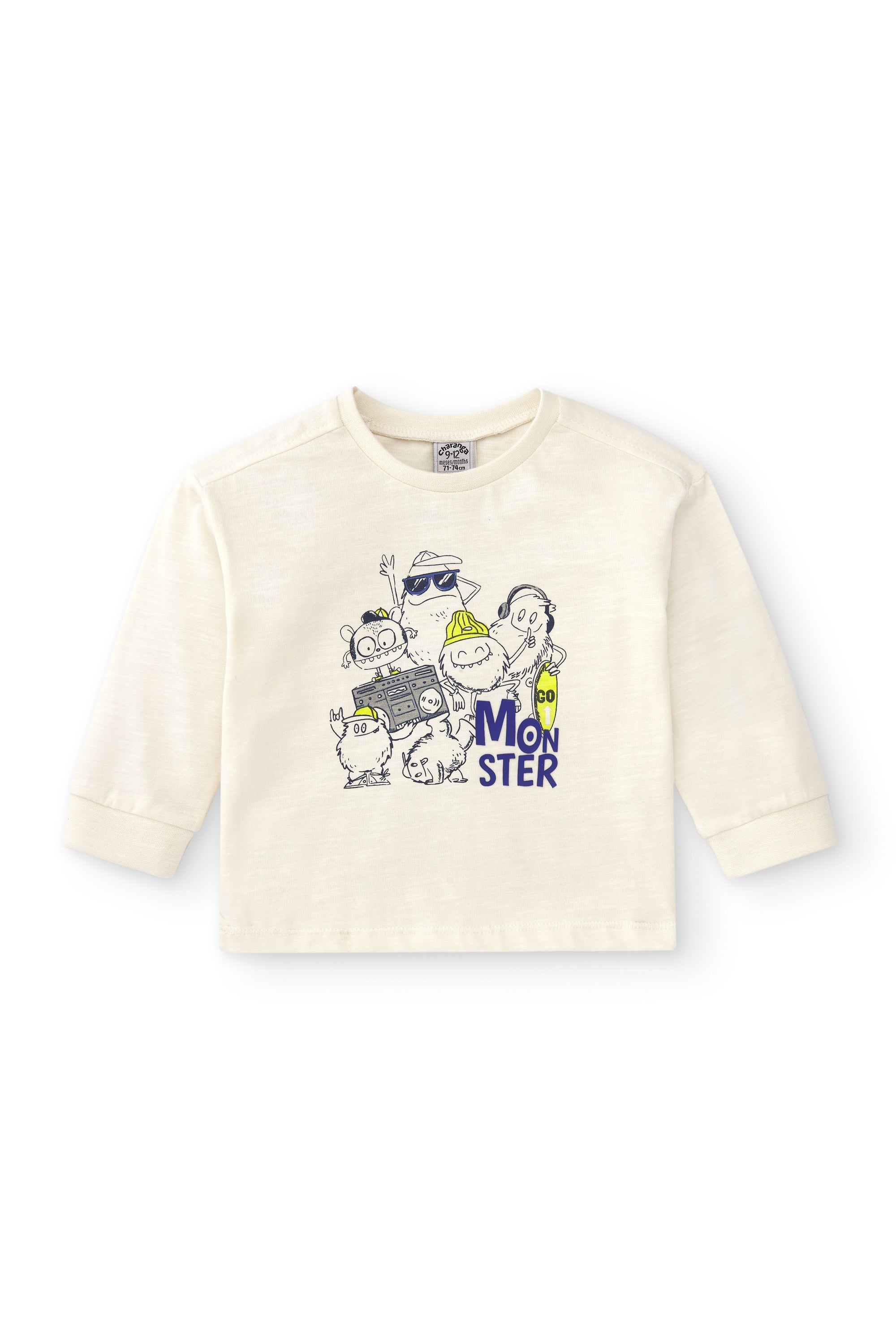 Camiseta de bebé de manga larga color crudo con dibujo monstruo Outlet