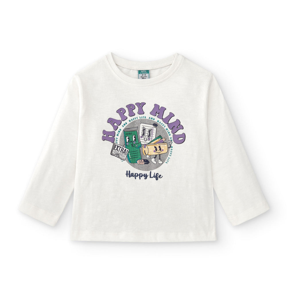 Camiseta de niña en color crudo y dibujo morado Charanga