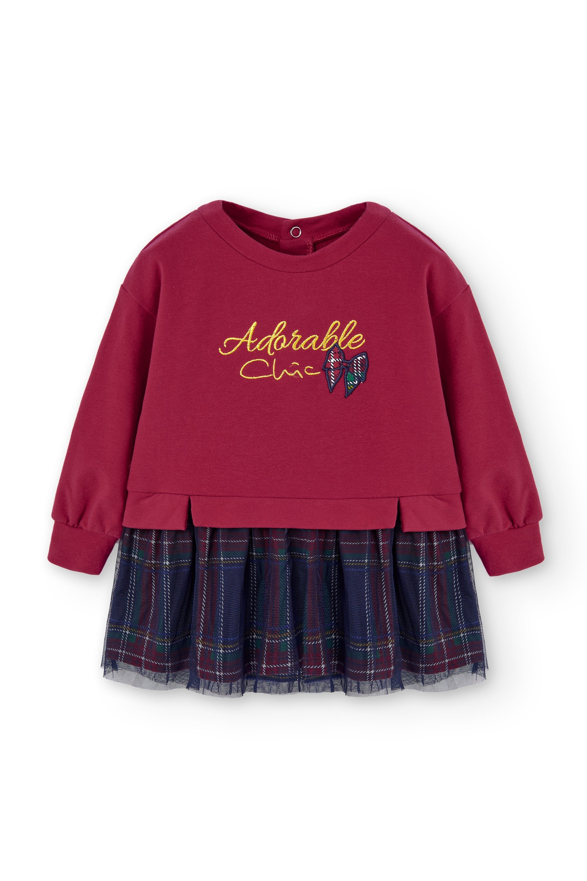 Vestido navidad rojo para bebé niña con falda tartán y manga larga visto de frente sobre fondo blanco Charanga