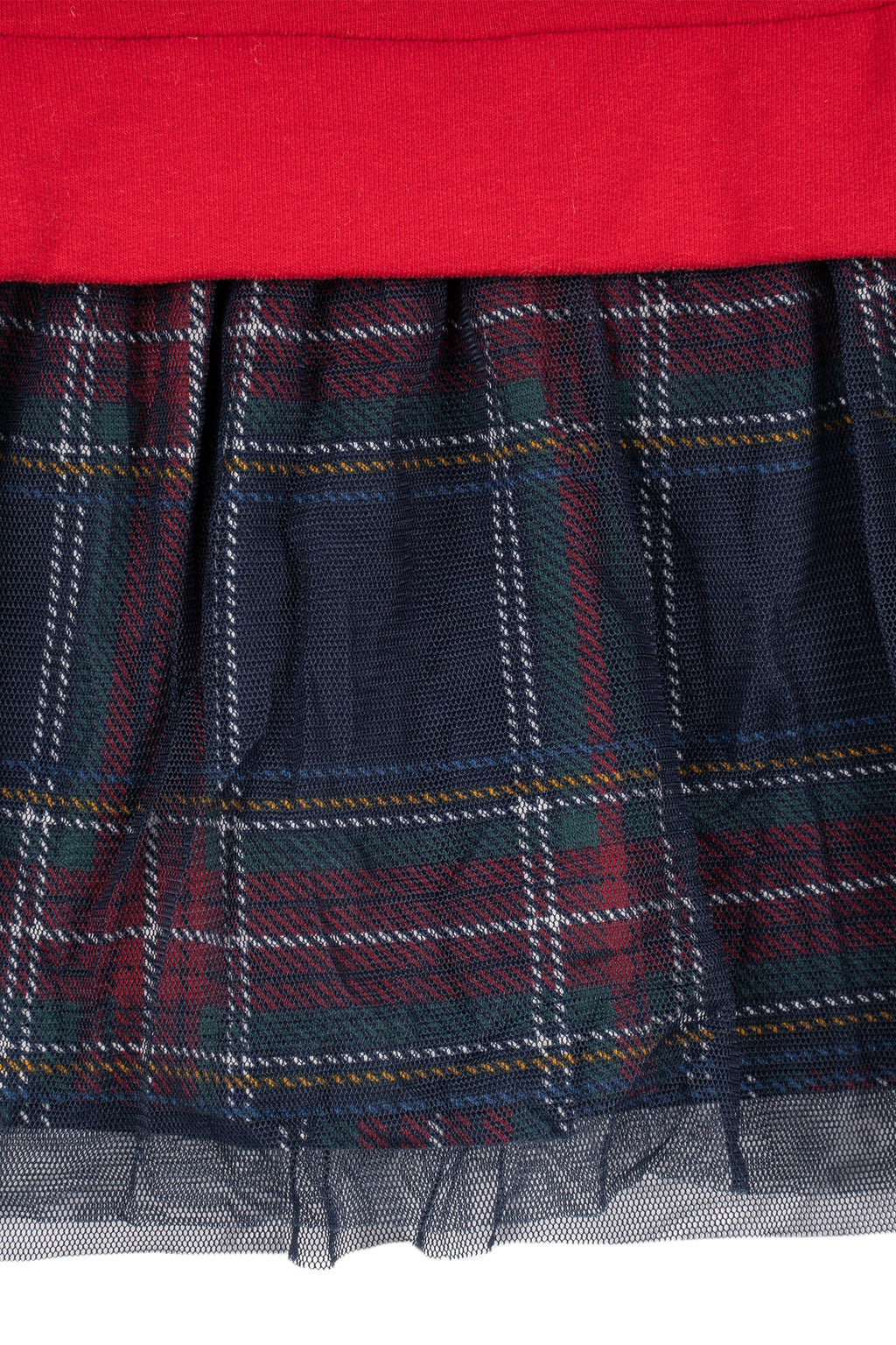 Detalle falda tul y textura de vestido rojo navidad bebé niña, primer plano