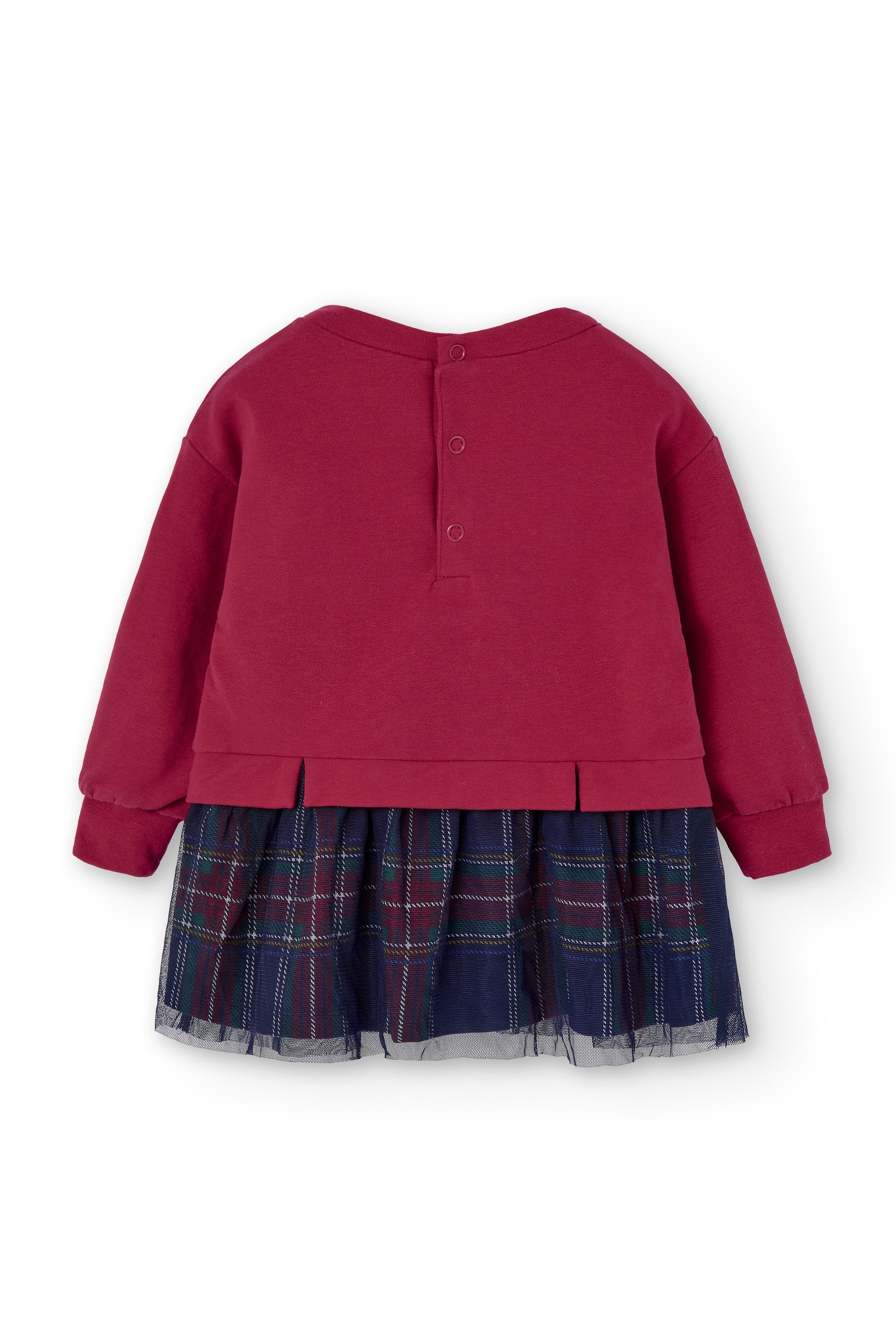Vestido para fiestas navideñas rojo para bebé niña con falda tul y manga larga vista trasera sobre fondo blanco Charanga