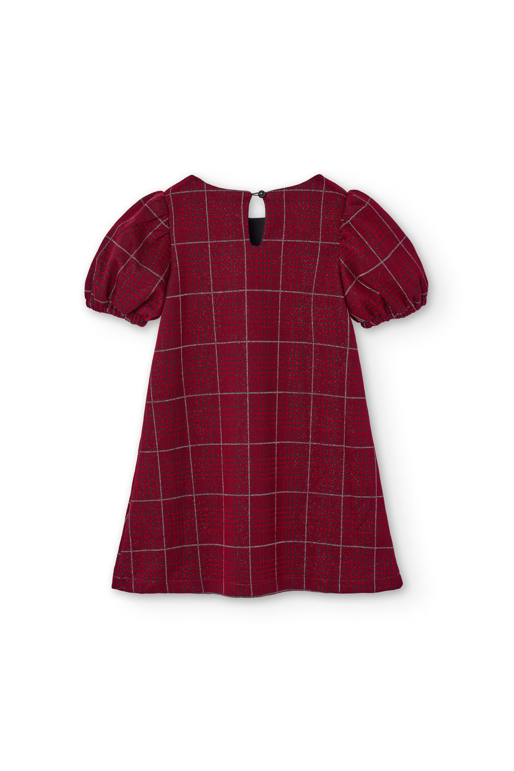 Vestido cuadros tartán rojo para niña vista trasera sobre fondo blanco Charanga