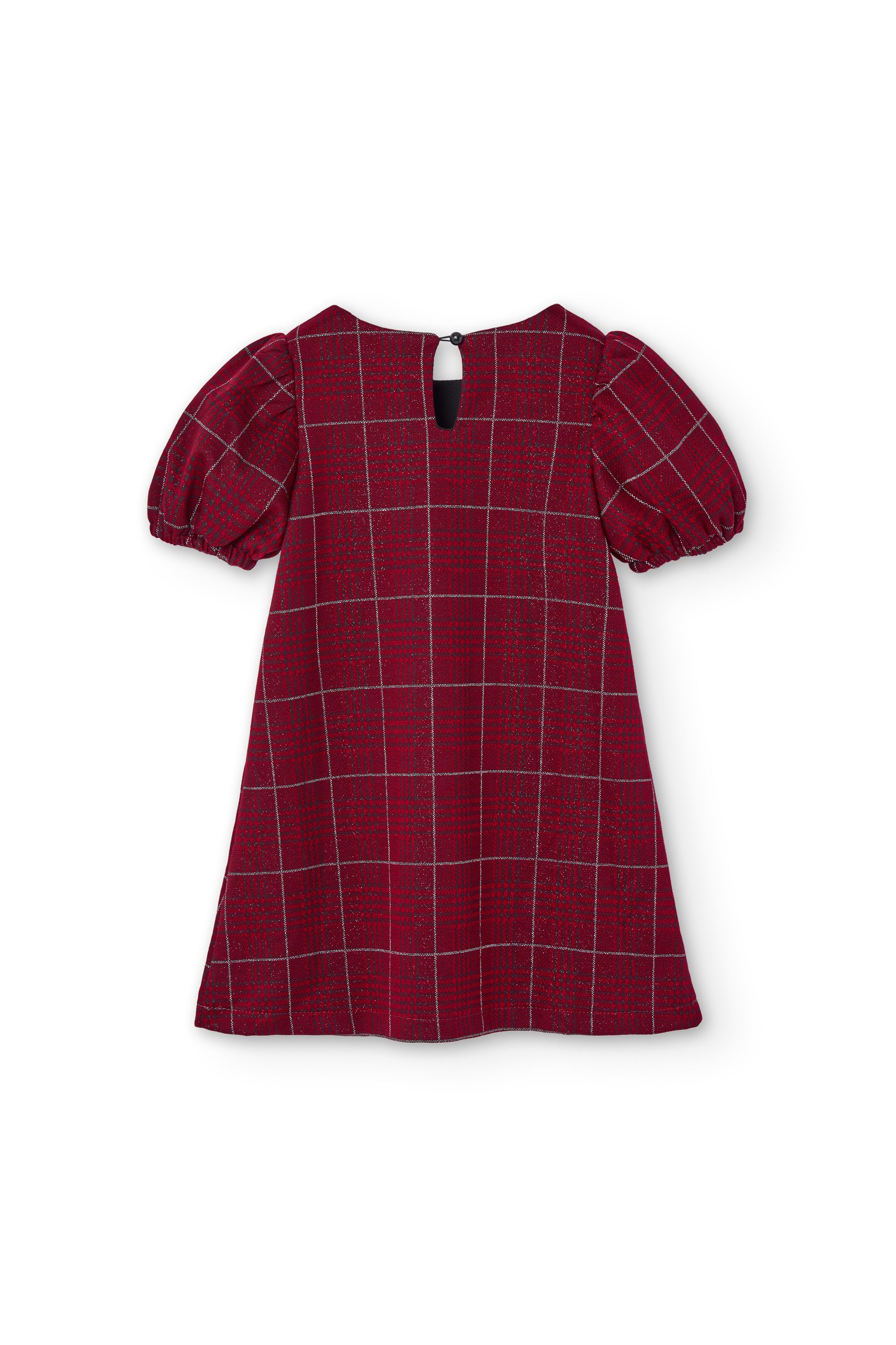 Vestido cuadros tartán rojo para niña vista trasera sobre fondo blanco Charanga
